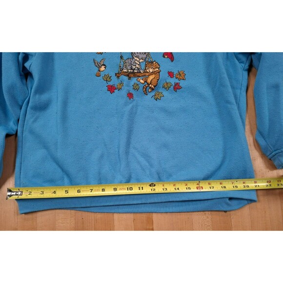 Vintage Basic Editions Sweatshirt Cats Birds Graphic Teal Blue Women's Large L - Picture 3 of 7